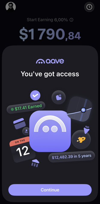 A mobile app screen shows an 'aave' DeFi platform congratulating the user with 'You've got access' and displaying earnings of $1,790.84 with a 6.00% start earning rate.