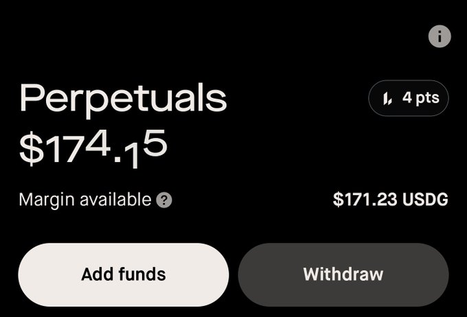 The image displays a Perpetuals trading account interface on Lighter.xyz showing a balance of $174.15 with $171.23 USDG margin available, alongside "Add funds" and "Withdraw" buttons. The screenshot illustrates the post's point about bringing attention to Lighter's platform by sharing a real account balance.