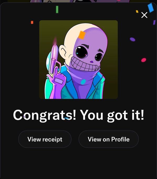 A pop-up screen showing a cartoon character with a purple bandana holding a purple gun, with the text 'Congrats! You got it!' and buttons for 'View receipt' and 'View on Profile'.