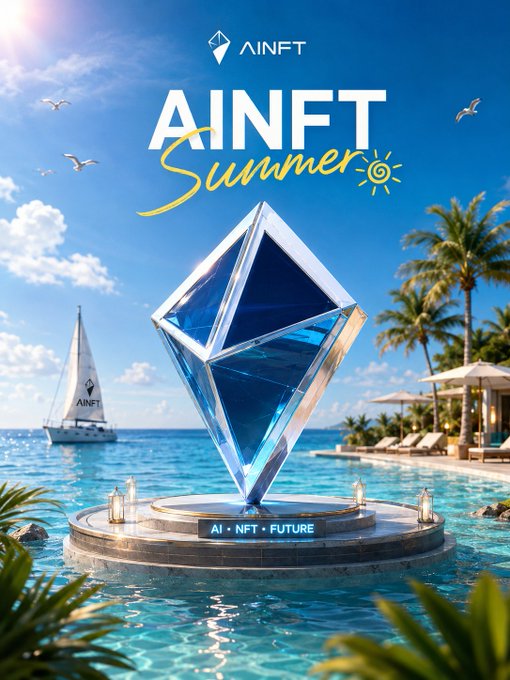 The image is a vibrant promotional graphic featuring the "AINFT Summer" logo and branding, showcasing a large blue crystalline gem on a pedestal labeled "AI • NFT • FUTURE" set against a tropical resort scene with a sailboat bearing the AINFT logo, palm trees, and clear waters.

The image aligns with the post by visually conveying AINFT's vision of a luxurious, cross-chain Web3 future, with the diamond-shaped gem symbolizing the value of interconnected AI and NFT assets beyond TRON.