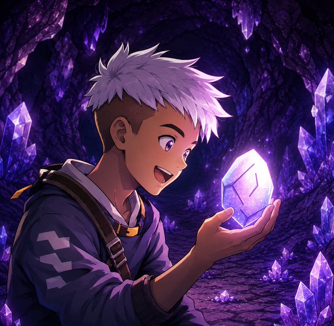 A young adventurer with spiky white hair gazes with wonder and excitement at a glowing purple crystal he's discovered in a mystical crystal cave, symbolizing the rare and valuable "alpha gem" found within the community. The image reinforces the post's message about @0xAlphaGEMs being a source of unique, member-driven value rather than ordinary advice.