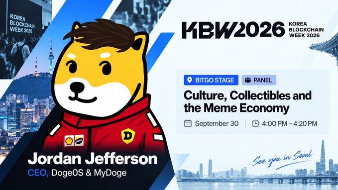 A KBW2026 (Korea Blockchain Week 2026) promotional panel graphic featuring Jordan Jefferson, CEO of DogeOS & MyDoge, for a session titled 'Culture, Collectibles and the Meme Economy' on September 30, 4:00PM-4:20PM at the BITGO Stage.