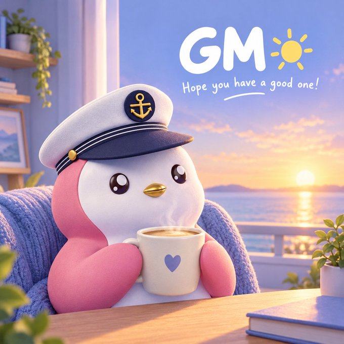 A 3D illustration of a pink penguin in a sailor hat holding a coffee mug with the text 'GM ☀️ Hope you have a good one!'.