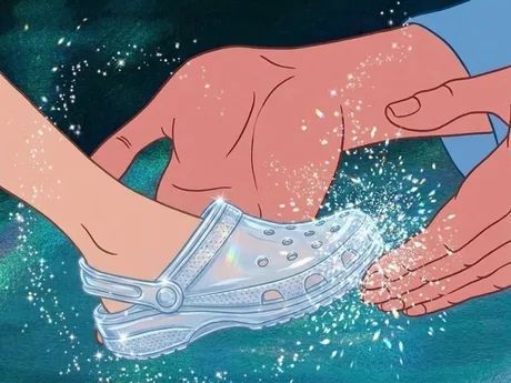 Illustrated image showing two hands exchanging or holding a sparkling, translucent clog-style shoe against a starry background.