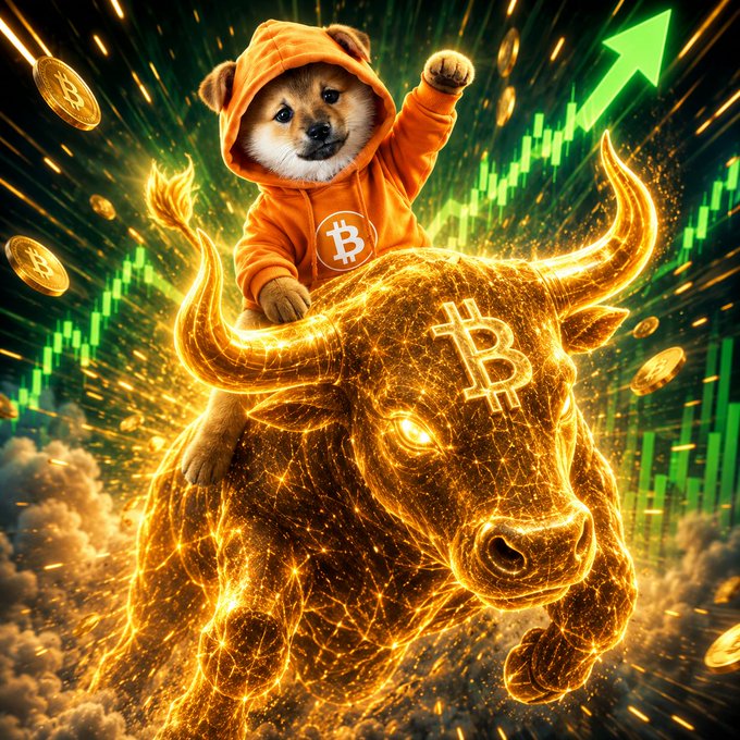 A Shiba Inu dog wearing an orange Bitcoin hoodie rides a glowing golden bull with a Bitcoin symbol on its forehead, set against a background of green candlestick charts and floating Bitcoin coins.