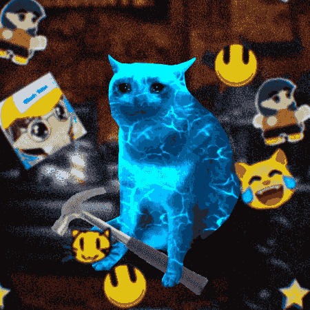 A surreal digital collage featuring a glowing blue water-textured cat holding a cane, surrounded by floating yellow smiley face emojis and cartoon character stickers against a dark, patterned background.
