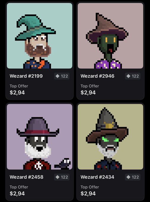 Four pixel-art wizard characters are displayed for sale, including Wizard #2199 ($2.94), Wezard #2946 ($2.94), Wezard #2458 ($2.94), and Wezard #2434 ($2.94), each listed as 'Top Offer' at 122 units.