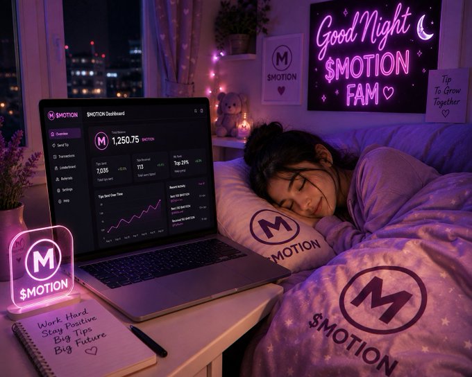 A cozy bedroom scene with purple lighting, featuring a sleeping woman in a 'MOTION FAM' bedding set, a laptop displaying the 'MOTION Dashboard', a neon 'Good Night $MOTION FAM' sign, and a notepad reading 'Work Hard Stay Positive Bug Tips Bug Future'.