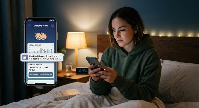 A young woman in a green hoodie uses her phone in bed at night, while an overlay shows the "Sleepagotchi" app displaying weekly trends, a "Routine Slipped: Try setting a 'No-Tech' boundary 30 mins earlier" notification, and a "LATENESS PATTERN: Fri-Sat" insight—directly illustrating the late-night scrolling habit and sleep coaching feedback mentioned in the post.