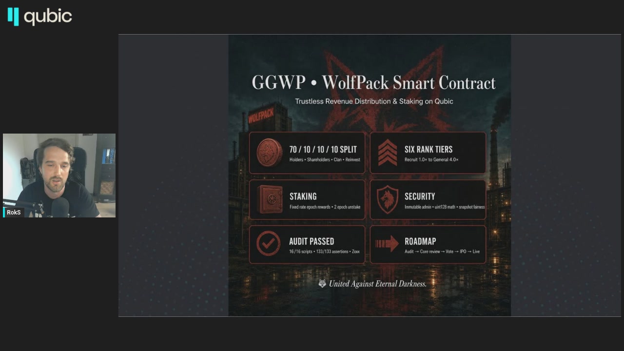 The image shows a man wearing headphones, likely participating in an online meeting or video call with another person. They are both looking at a computer screen displaying a presentation about GGWP+ Wolfpack Smart Contract. The presentation includes various bullet points and icons related to the contract's features and benefits.