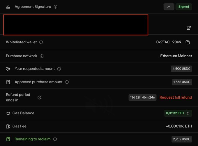 The image shows a transaction details panel for a $Jumper token purchase, where the user requested 4,500 USDC but was approved for only 1,568 USDC on Ethereum Mainnet, with 2,932 USDC remaining to reclaim and 13 days left in the refund period. This relates to the post by illustrating the discrepancy between the requested allocation amount (4,500 USDC) and the actual approved amount (1,568 USDC), which the user is questioning in relation to their set maximum and minimum thresholds.