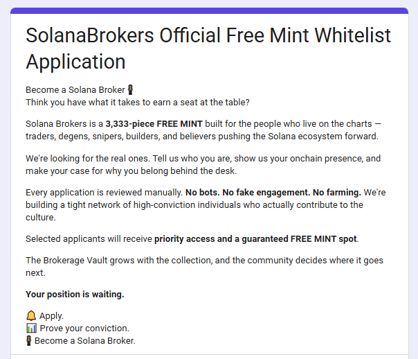 A recruitment notice titled “SolanaBrokers Official Free Mint Whitelist Application” advertises a 3,333-piece free mint, manually reviewed applications, and priority access for selected applicants.
