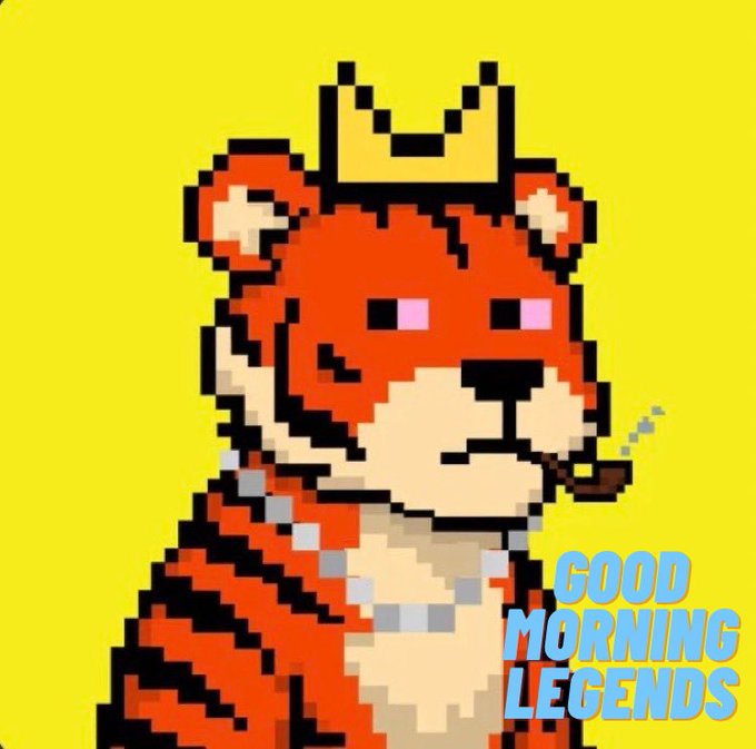 A pixel art illustration of a tiger wearing a golden crown and chain, smoking a pipe against a bright yellow background with the text 'GOOD MORNING LEGENDS'.