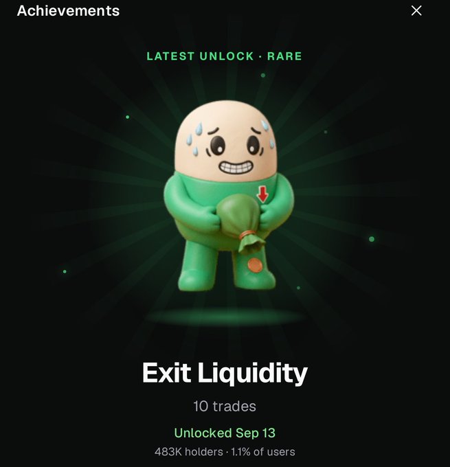 The image shows a Robinhood achievement screen titled "Exit Liquidity," unlocked for completing just 10 trades, with a sad, sweating mascot holding a depleted money bag. The "Latest Unlock · Rare" label and the fact that only 1.1% of users earned it humorously reinforces the post's joke that even the app itself is roasting bad meme traders by rewarding how easily their money flows out.