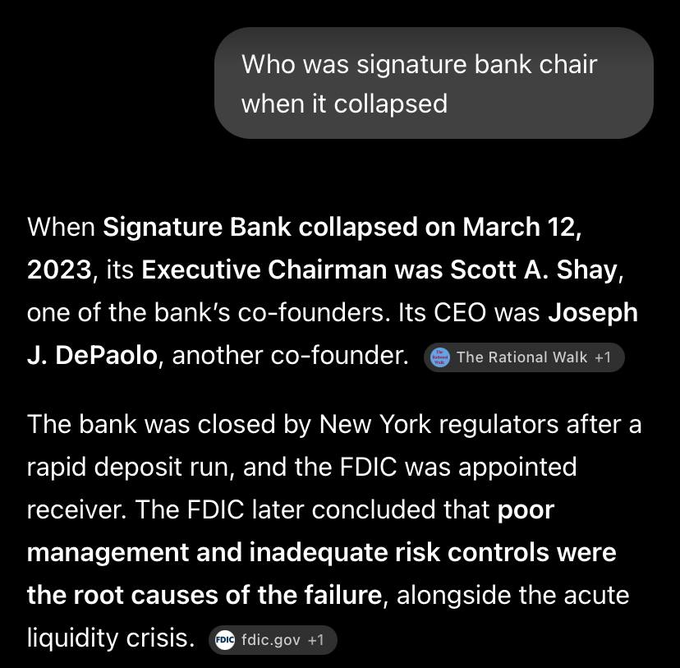 The image shows a Google search snippet answering "Who was signature bank chair when it collapsed," identifying Executive Chairman Scott A. Shay and CEO Joseph J. DePaolo as co-founders during the March 12, 2023 collapse, with the FDIC citing poor management as the root cause. This directly supports the accompanying post about Scott Shay launching N3XT, a Wyoming-based bank for instant overseas payments.