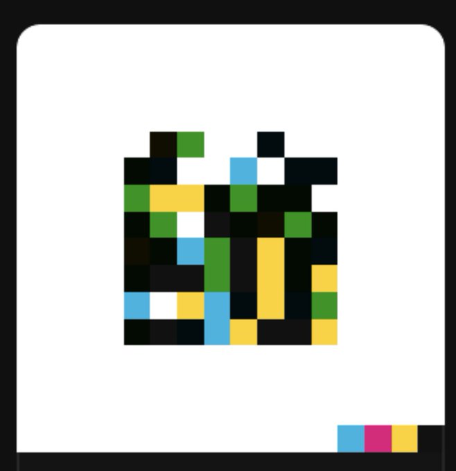 A pixelated digital art piece displayed in a frame, featuring a blocky design with green, yellow, blue, black, and white squares, with three colored squares (cyan, magenta, yellow) at the bottom right corner.