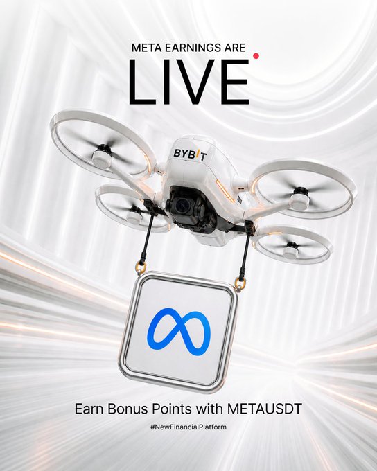 A promotional graphic for Bybit features a white drone branded with the "BYBIT" logo carrying a package displaying the Meta infinity symbol, set against a flowing white background. Bold text reads "META EARNINGS ARE LIVE," with the tagline "Earn Bonus Points with METAUSDT" and the hashtag "#NewFinancialPlatform" below, advertising a trading contest on the Bybit platform where users compete to predict top post-earnings stock gainers.