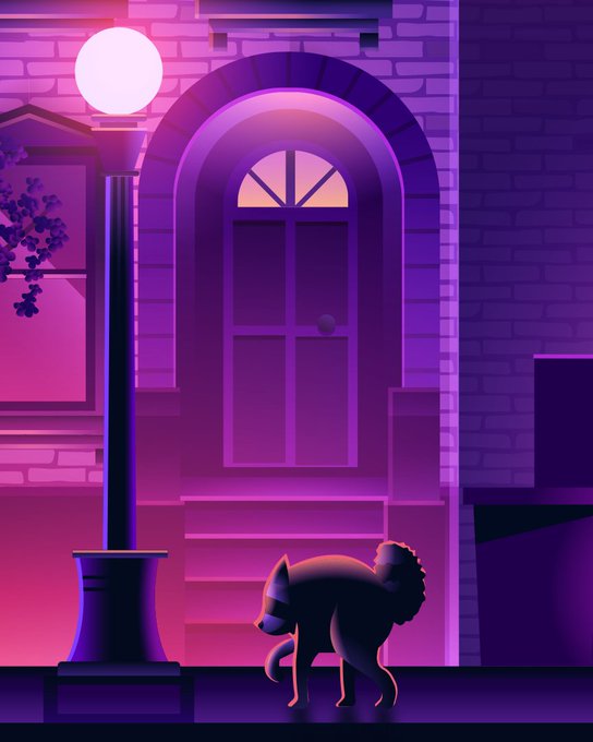 A stylized digital illustration of a raccoon walking past a brick building with a glowing purple street lamp at night.