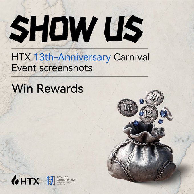 A promotional graphic for the 'HTX 13th-Anniversary Carnival Event screenshots' contest with the text 'SHOW US' and 'Win Rewards' next to an illustration of silver coins falling from a money pouch.