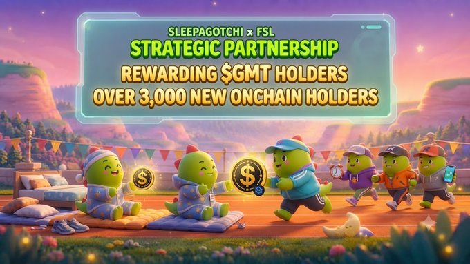 A digital promotional graphic for 'SLEEPAGOTCHI x FSL' announcing a 'STRATEGIC PARTNERSHIP REWARDING $GMT HOLDERS OVER 3,000 NEW ONCHAIN HOLDERS' featuring cartoon green characters exchanging a coin with a dollar sign.