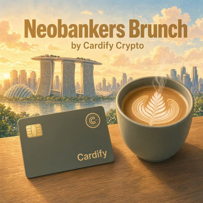 A promotional graphic titled 'Neobankers Brunch by Cardify Crypto,' showing a black Cardify bank card and a latte with latte art on a wooden surface with the Singapore skyline in the background.