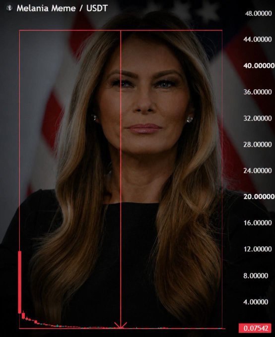 Chart meme titled 'Melania Meme / USDT' featuring a photo of Melania Trump in front of an American flag, with a steep price decline line showing a value of 0.07542.