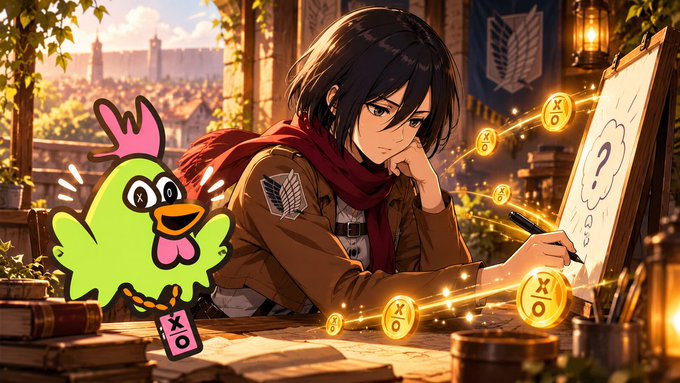 Anime-style illustration of a character resembling Mikasa from Attack on Titan sitting at a desk with a green bird character and floating X/O symbols.