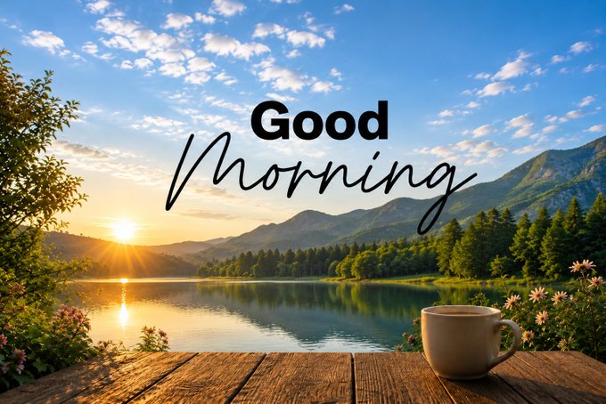The image features a wooden table with a cup of coffee sitting on top of it. The background shows a beautiful view of mountains under a clear blue sky at sunrise or sunset. The text "Good morning" is written above the cup, indicating that it's time for a new day. The caption also mentions mutuals and an Arc token, possibly referring to a specific event or project related to the image.