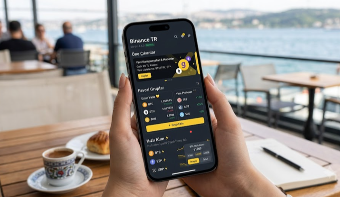 A person's hands holding a smartphone displaying the Binance TR app, with the Turkish interface showing crypto campaigns and 'Favori Gruplar' (Favorite Groups) featuring BTC, ETH, BNB, ADA, XRP, and DOGE, set against a waterfront cafe background.