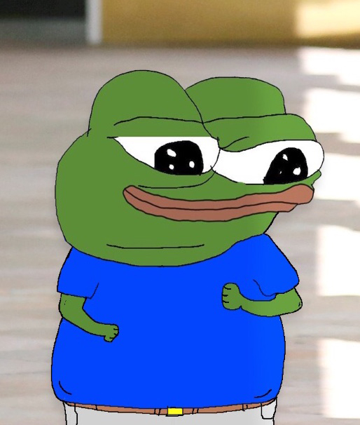A cartoon-style green frog character with large expressive eyes, wearing a blue shirt, with a soft smile.