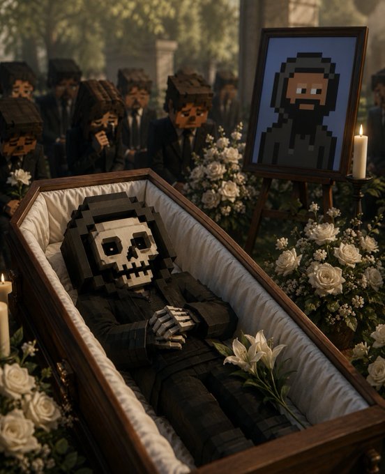 A pixel art scene depicting a skeleton figure lying in a coffin, surrounded by white roses and mourners, with a portrait of a hooded figure displayed nearby.