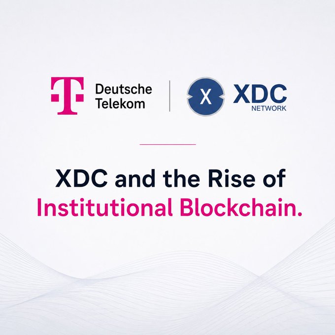 A promotional graphic featuring the Deutsche Telekom logo alongside the XDC Network logo, with the text 'XDC and the Rise of Institutional Blockchain.'