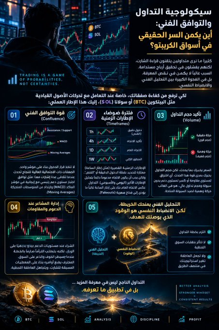 An Arabic-language cryptocurrency trading infographic with the header 'TRADING IS A GAME OF PROBABILITIES, NOT CERTAINTIES', displaying charts for BTC and SOL with five educational points.