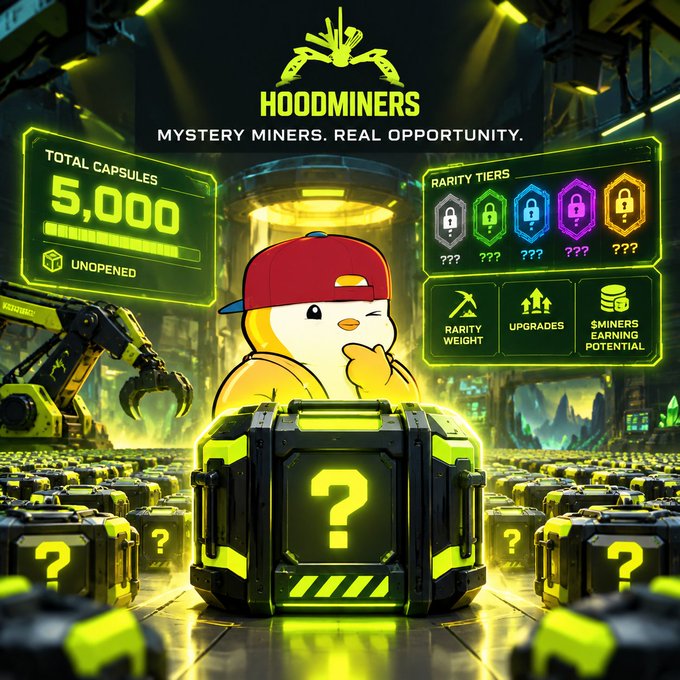 A promotional graphic for 'HOODMINERS' with the tagline 'MYSTERY MINERS. REAL OPPORTUNITY.' featuring 5,000 total unopened capsules, rarity tiers, rarity weight, upgrades, and miners earning potential, centered around a cartoon duck mascot.