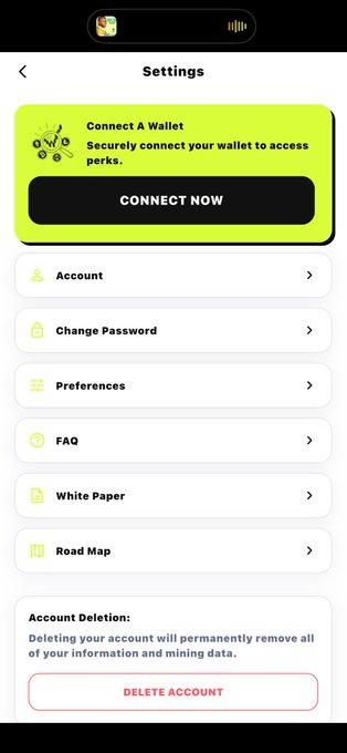 The image shows the Oreum Network’s Settings page, featuring a “Connect A Wallet” panel and a “CONNECT NOW” button for unlocking on-chain perks. It also includes Account, Change Password, Preferences, FAQ, White Paper, Road Map, and a “DELETE ACCOUNT” section.