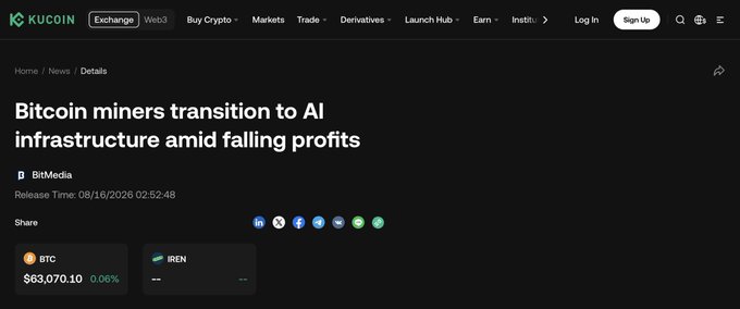 A KuCoin News article titled "Bitcoin miners transition to AI infrastructure amid falling profits" is shown, with BTC displayed at $63,070.10 (-0.06%) and the post highlights the irony of miners selling hardware near Bitcoin's 63k lows to pivot into AI—seen as chasing an already-peaked market rather than waiting out the crypto downturn.