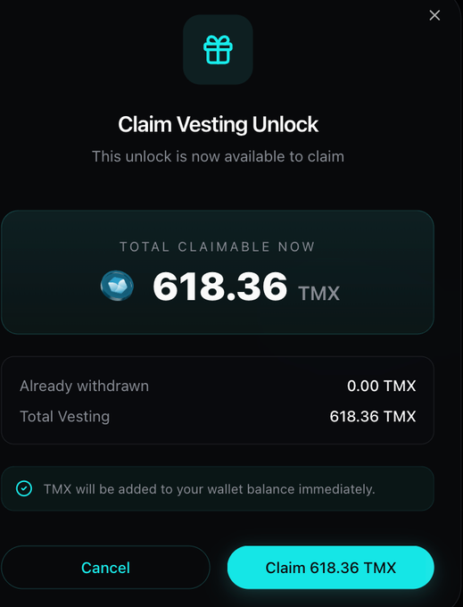 The image shows a "Claim Vesting Unlock" modal for TermMax (TMX), displaying a total claimable amount of 618.36 TMX tokens, which corresponds to the advertised TermMax airdrop claim opportunity mentioned in the post.