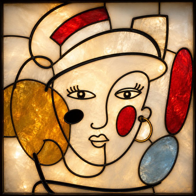 The image features an abstract painting of a woman's face, which has been drawn using only black lines and bright colors. The painting includes a hat with red and white stripes, as well as a pair of earrings that are blue and silver. The artist who created this piece is known for their work in the Surrealist movement, where they often used dreamlike imagery to explore the unconscious mind.