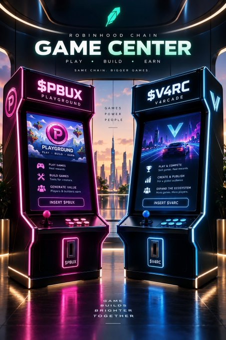 A promotional graphic displays two neon-lit arcade cabinets for "ROBINHOOD CHAIN GAME CENTER," advertising "$PBUX PLAYGROUND" and "$V4RC ARCADE" with the tagline "GAME POWER PEOPLE."