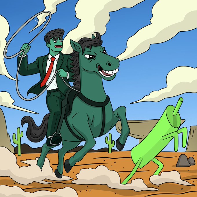 A cartoon illustration of a green-skinned man in a suit riding a green horse while lassoing a green chili pepper in a desert setting.