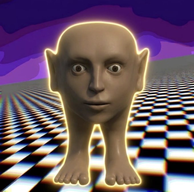 A surreal 3D rendered figure with an oversized human-like head, pointed ears, and small limbs standing on a checkered floor with a purple cloudy background, outlined in glowing yellow.