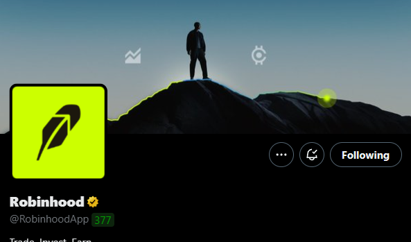A Robinhood X/Twitter profile page with the bio 'Trade. Invest. Earn.', 377 posts, the green feather logo, and a background image of a figure standing on a mountain.
