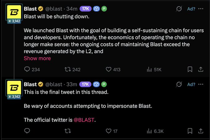 The image shows two tweets from Blast (@blast) announcing the shutdown of the Blast blockchain network, citing that operating costs exceed the revenue generated by the L2, followed by a warning about potential impersonator accounts. This relates to the accompanying post's point about airdrops being "dead," as Blast's allocation of 22% to airdrops failed to sustain the chain despite reaching $2B+ TVL and now reportedly generating only ~$100/day in revenue.
