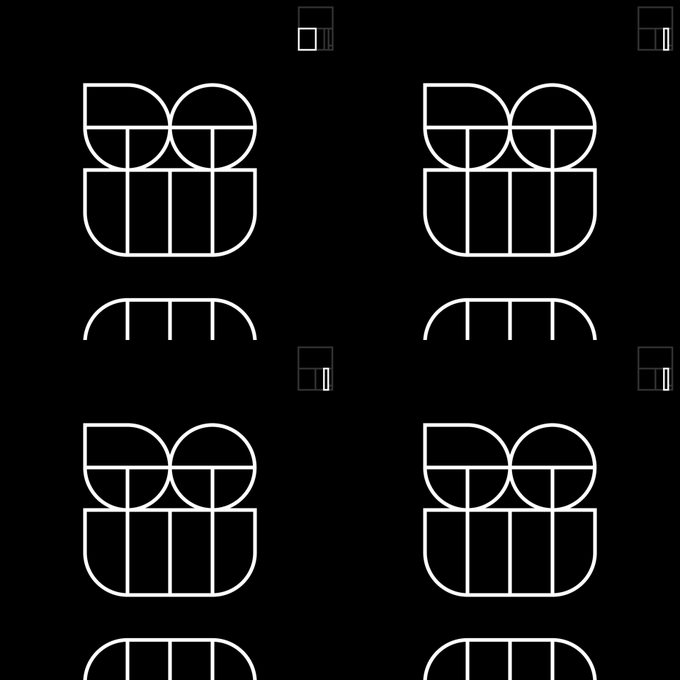 A minimalist black and white graphic design featuring a repeating pattern of stylized, geometric line-art faces arranged in a grid layout.