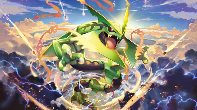 The image shows Rayquaza, a green serpentine Legendary Pokémon, roaring dramatically amid swirling clouds, lightning, and glowing energy in a dynamic action pose. It directly relates to the post announcing Rayquaza as the grand prize (worth 3200U) in @renaissxyz's Emerald Pack card machine drawing at 5 PM, with 1000 packs available at 100u per draw.