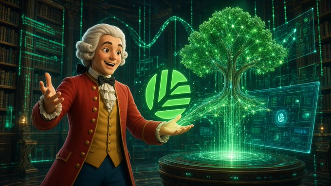 A 3D animated character in 18th-century aristocratic attire (red coat, white powdered wig) gesturing toward a glowing green digital tree and Leaf cryptocurrency logo in a futuristic library setting.