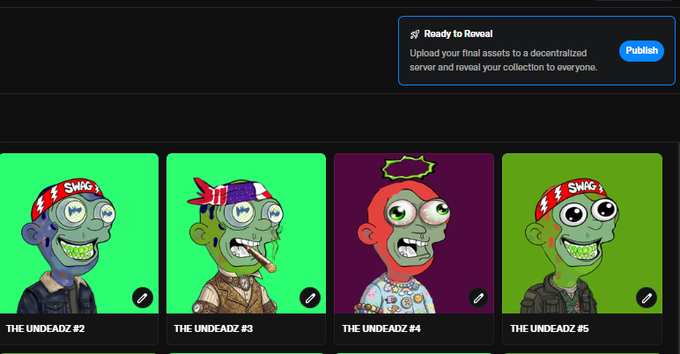 A digital collection interface displays four zombie-themed NFT avatars labeled "THE UNDEADZ #2" through "THE UNDEADZ #5," with a "Ready to Reveal" prompt offering a "Publish" button.
