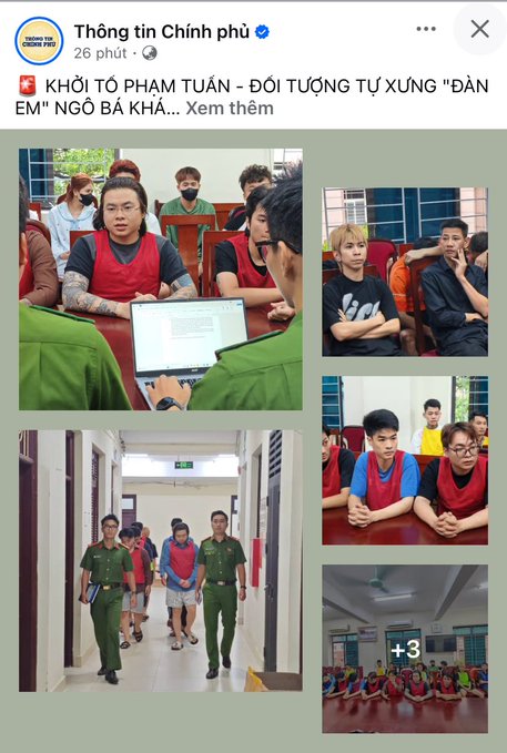 A Facebook post from 'Thông tin Chính phủ' showing a collage of photos of tattooed young men being detained by Vietnamese police officers in green uniforms, with headlines mentioning 'KHỞI TỐ PHẠM TUẤN' and 'ĐỜI TƯỚNG TỬ XƯNG "DÂN EM" NGÔ BA KHẢI'.