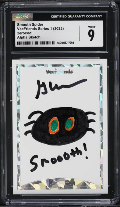 A CGC-graded Mint 9 "Smooth Spider" Alpha Sketch VeeFriends Series 1 (2022) trading card by zerocool, featuring artwork of a black spider with orange and teal eyes and the text "Smoooth!" alongside a signature, shared in a post seeking collectors who own the card.
