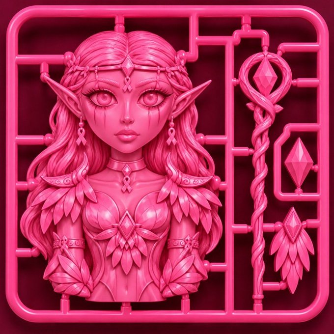 A glossy pink fantasy-style illustration shows an elf-like woman with pointed ears, braided hair, jewelry, and leafy armor-like clothing inside a decorative frame. A staff and diamond-shaped ornament appear on the right.